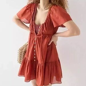 J Crew Rust Red Cotton Voile Tiered Button Down Front Dress XS Boho Chic